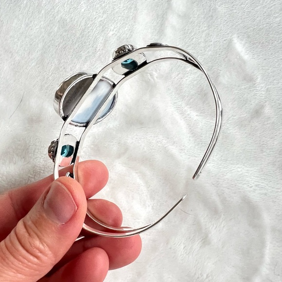 925 Owyhee Opal + Swiss Blue Topaz Cuff Bracelet - Picture 10 of 11